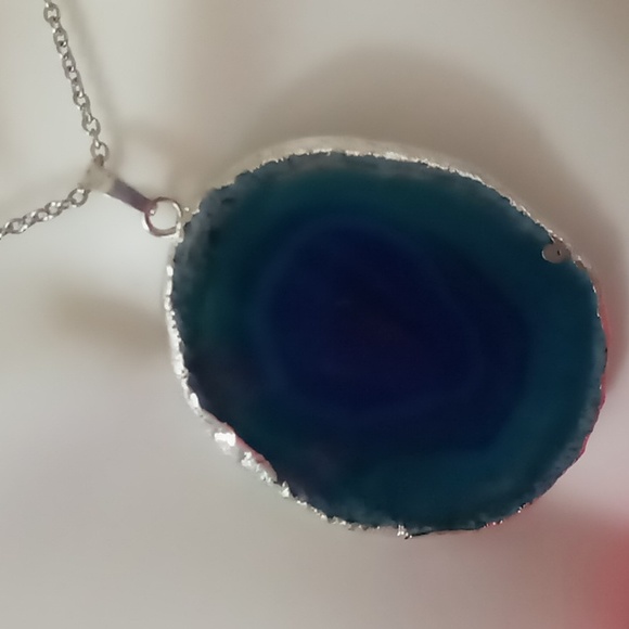Large Teal blue agate stone necklace 24 inch box chain.silver tone. - Picture 4 of 10
